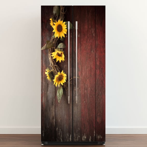 Self Adhesive Vinyl Refrigerator Wrap Set Sunflowers an Old Barn Door Door Mural Removable Fridge Sticker Peel and Stick Full Door Cover Decal Kitchen Bar Decor