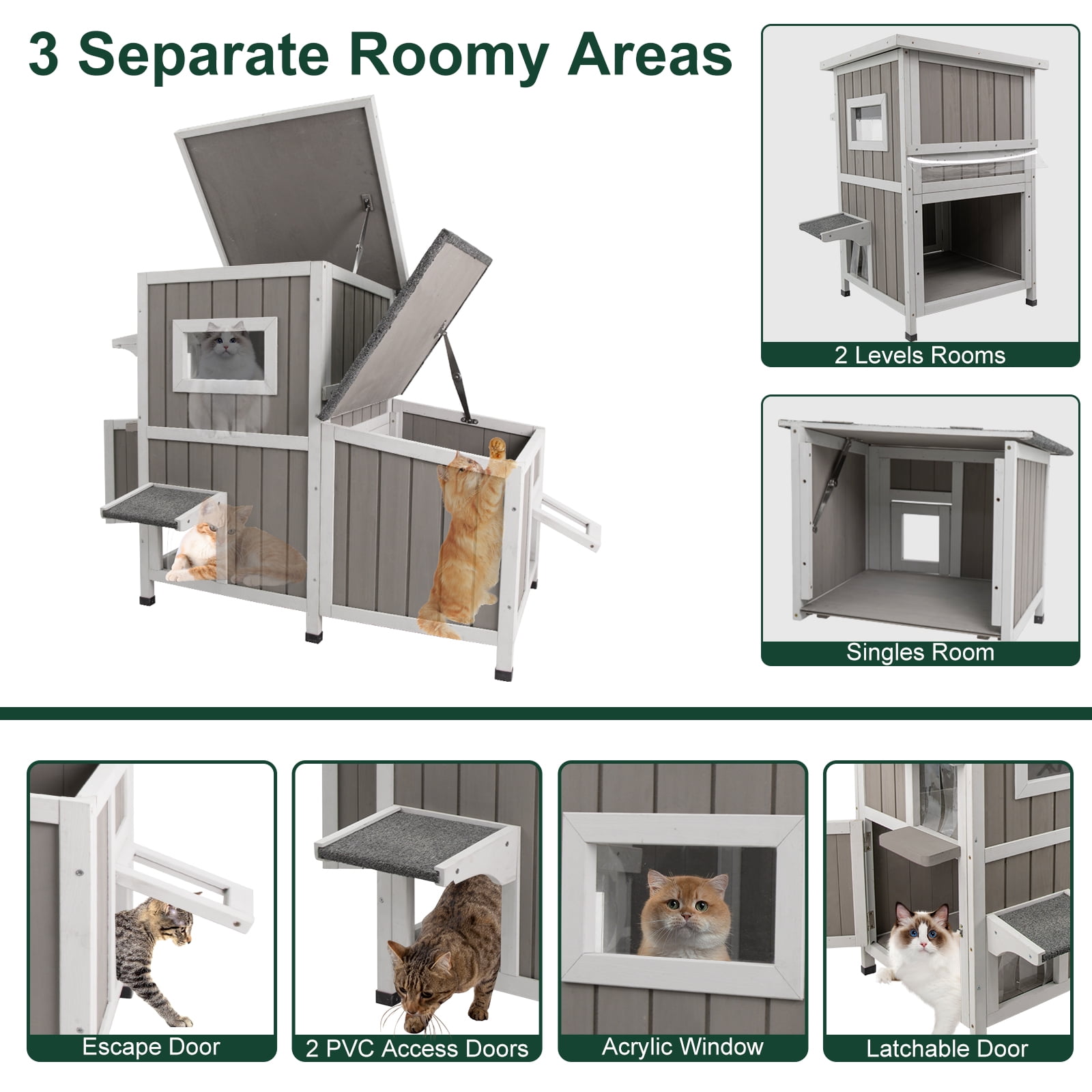 PETSCOSSET Outdoor Cat House  2-Story Wooden Condo - Weatherproof, Acrylic Window - Gray
