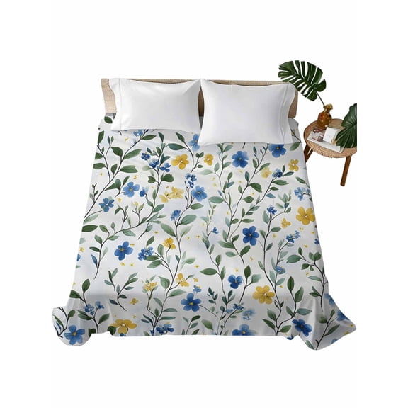 King Size Flat Sheet Only, Blue Yellow Spring Floral Soft Brushed Microfiber Bed Sheets, Elegant Summer Botanical Green Hotel Quality Breathable Bedding Top Sheet, Easy Care, 105"x98"