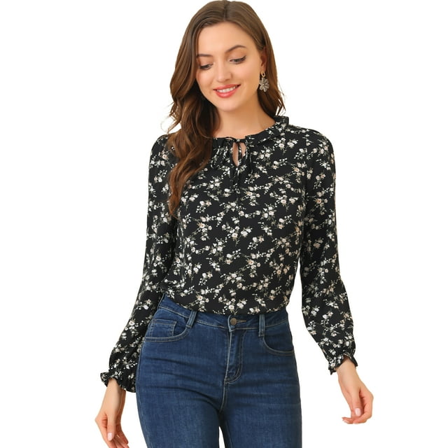 INSPIRE CHIC Blouse à Manches Longues Col Rond à Volants avec Nœud Floral pour Femmes