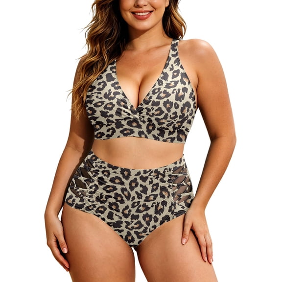 WAYUTE Womens Swimsuits Plus Size Two Piece Bathing Suits V Neck Tummy Control Leopard Print Bikini Set Swimwear Casual Summer Beach,Khaki,4XL