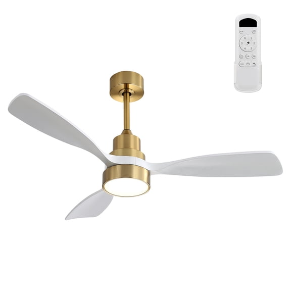 48" Ceiling Fan with LED Light – Gold & White Modern Design, 3 Solid Wood Blades, Remote Control, 6-Speed Reversible DC Motor for Indoor & Outdoor Use