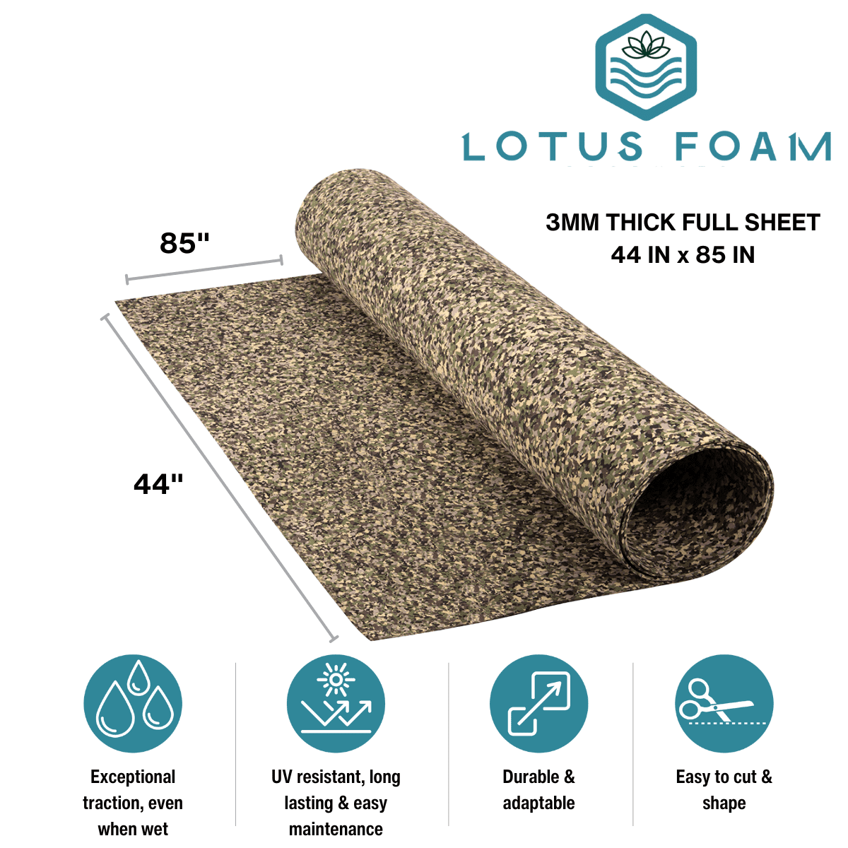 LotusFoam EVA Foam Sheet 3mm – 44"x 85" Craft Foam for Cosplay, Costumes & DIY, High Density 130 kg/m3, Heat Shapeable, Paintable, 35 Colors(Army Camo)