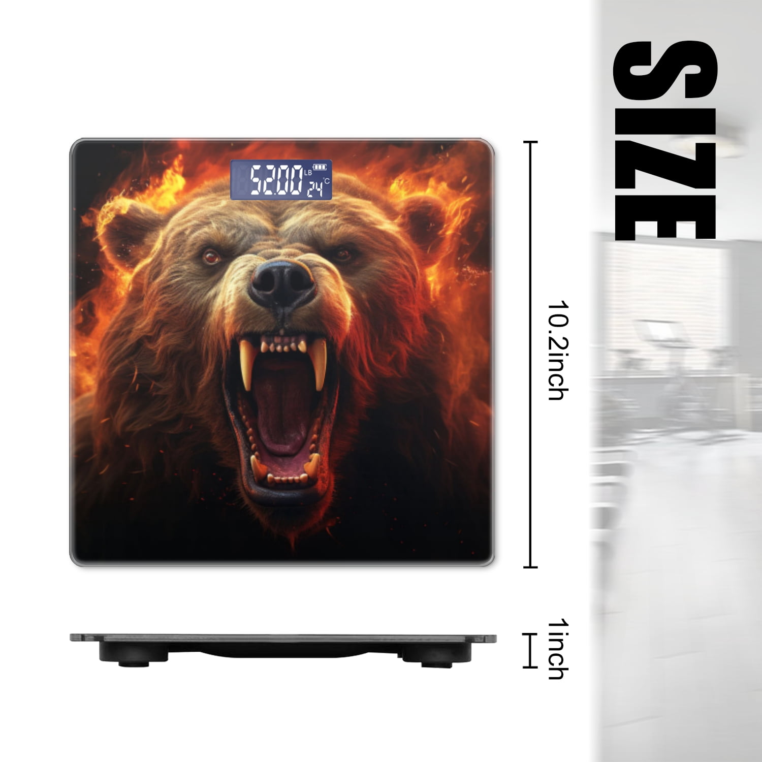 Bathroom Scale, Highly Accurate Digital Body Scale,Precisely Measures Weight up to 400 lbs-Angry Bear Head With Fire Coming Out Of Its Mouth