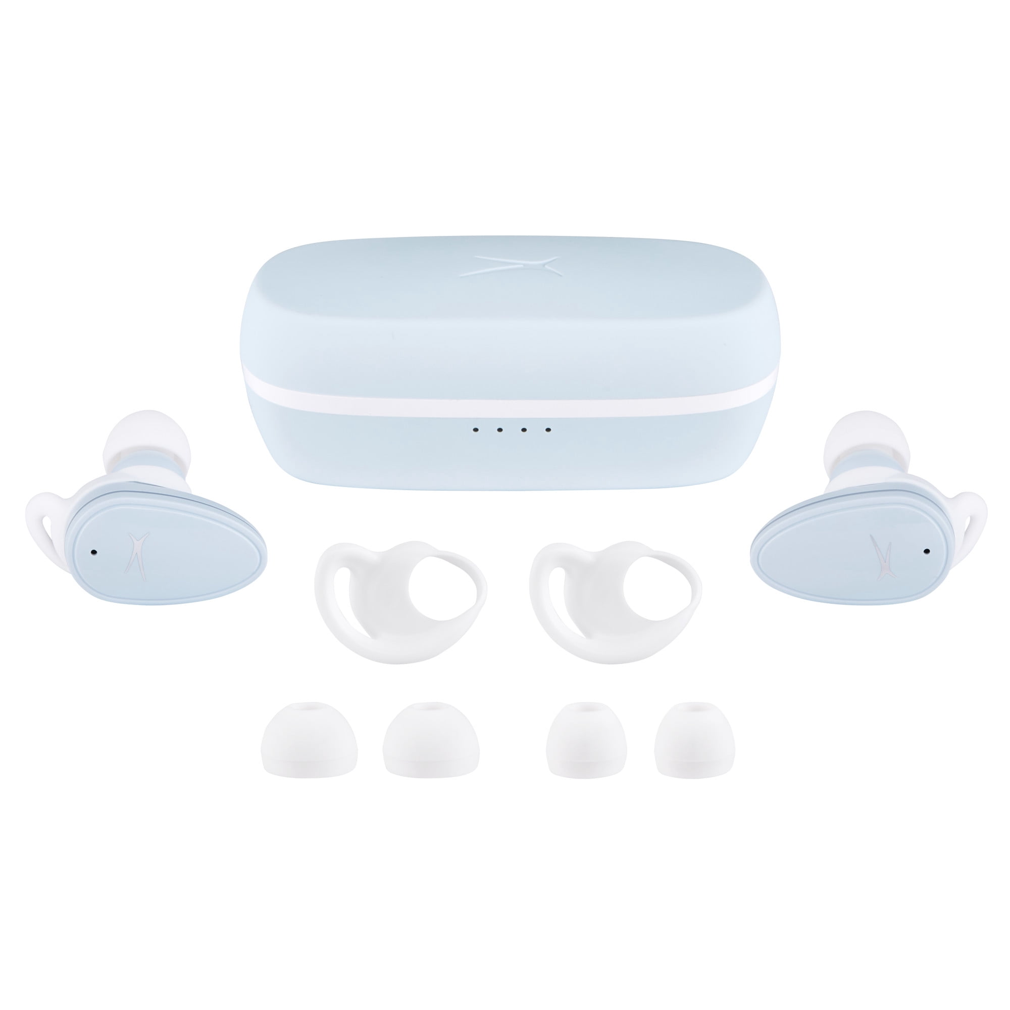 Altec Lansing NanoBuds Active Noise Cancelling Truly Wireless Earbuds, with Water Resistance, Stay-In-Place Helix Wings, Anti-Microbial Protection, 28 Hours of Total Playtime, Ice Blue
