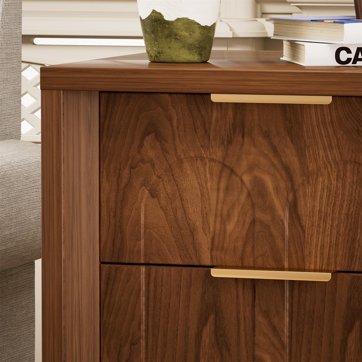 Hommoo 2-Piece Nightstand Set with Arched Drawer Fronts, 3-Drawer Mid-Century Modern Side Tables for Bedroom, Living Room & Office, MDF Construction with Gold-Tone Metal Handles, Walnut