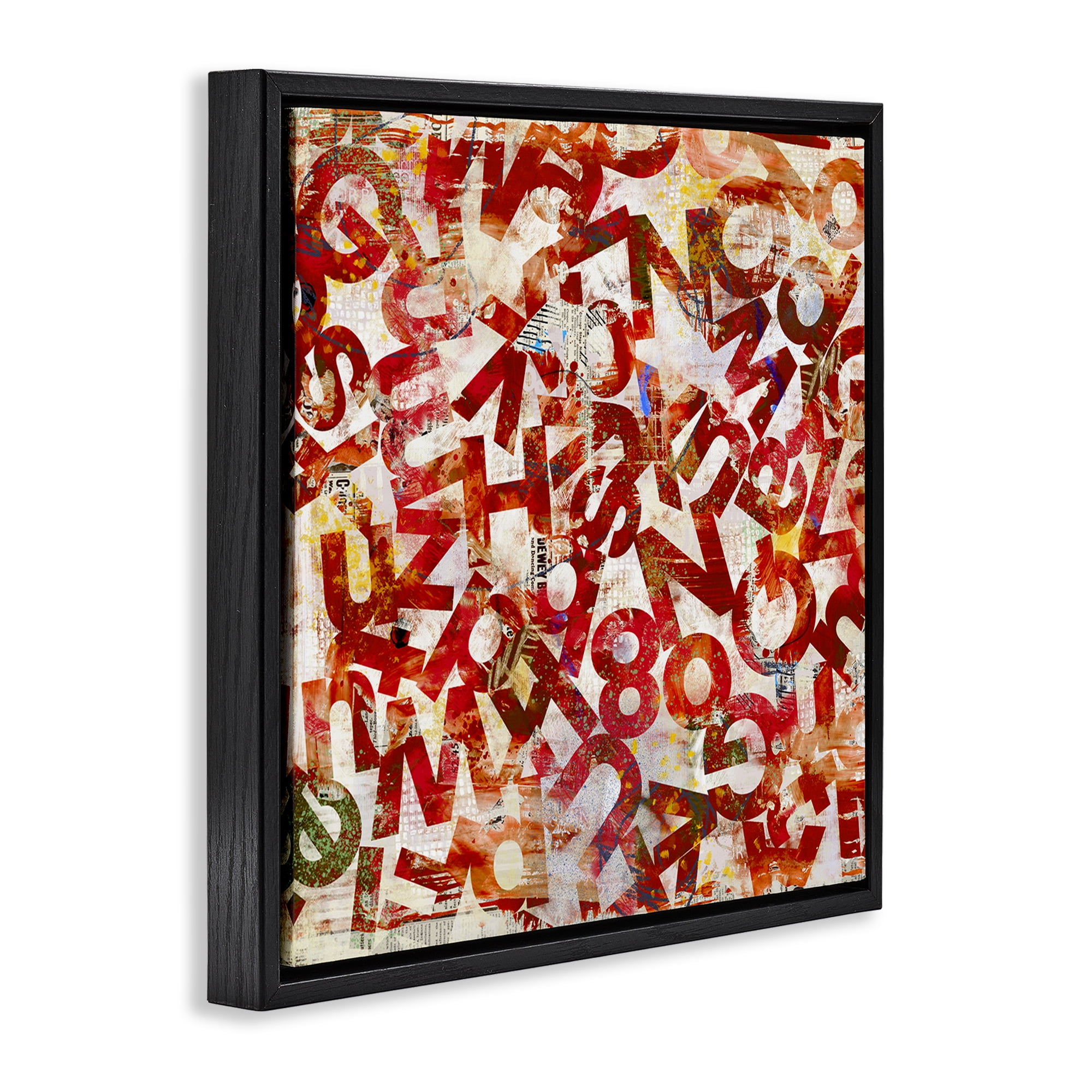 Stupell Industries Red Typography Collage Abstract Painting Black Floater Framed Canvas Art Print Wall Art, 18 x 18