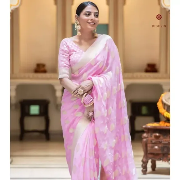 Baby Pink Woven Banarasi Georgette Saree