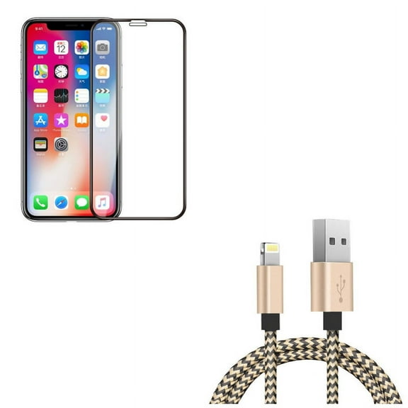 iPhone XS/X - 3ft USB Cable w Tempered Glass Screen Protector - Charger Cord Power Wire Sync Braided, 5D Touch Curved Edge Full Cover Bubble Free Case Friendly 9H Hardness