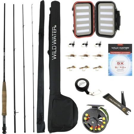 Wild Water Standard Fly Fishing Combo Starter Kit 5 or 6 Weight 9 Foot Fly Rod 4-Piece Graphite Rod with Cork Handle Accessories Die Cast Aluminum Reel Carrying Case Fly Box Case & Fishing Flies