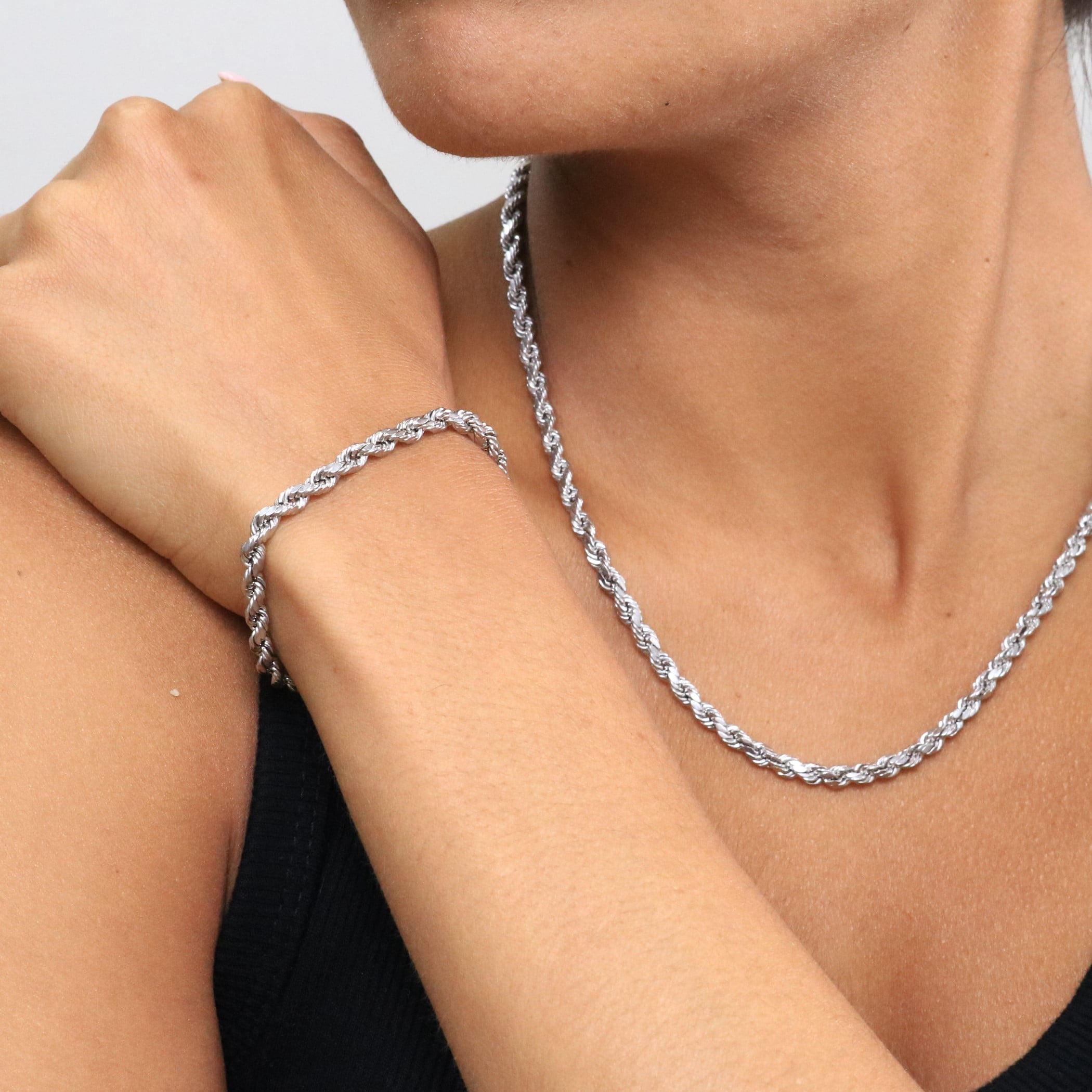 Nuragold 10k White Gold 4mm Rope Chain Diamond Cut Bracelet (7"-9") Italian Jewelry for Men & Women