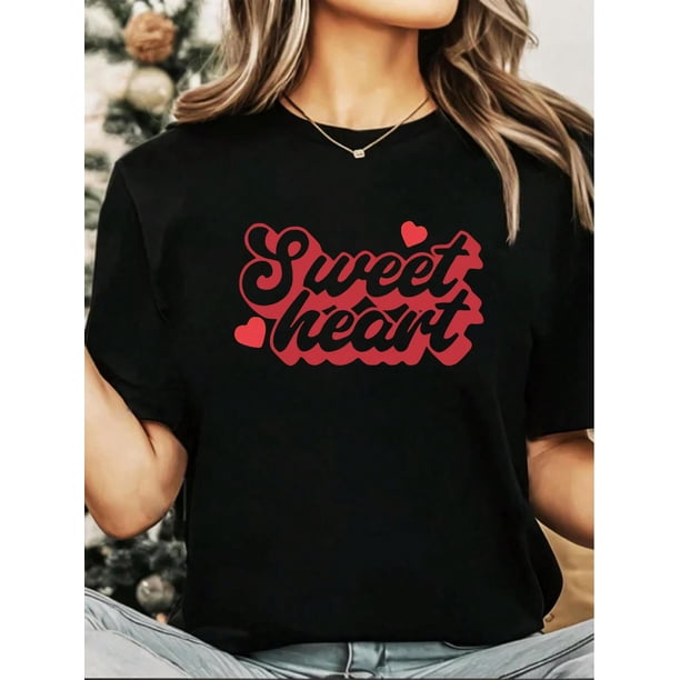 Happy Valentine's Day Heart Rose Valentine Letter Print Round Neck Short Sleeve T-Shirt For Women Casual, Summer, Women Top Graphic Tees Women Tops Tee For Adult, Men, Women, Teen, Teenager, Adolesce
