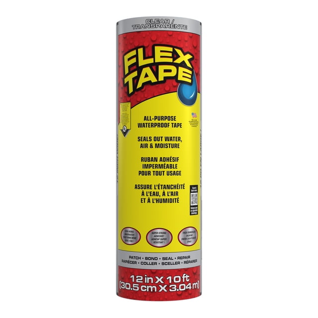 Flex Tape , Ruban Imperméable Caoutchouté Robuste, 12 Pouces x 10 Pieds, Transparent