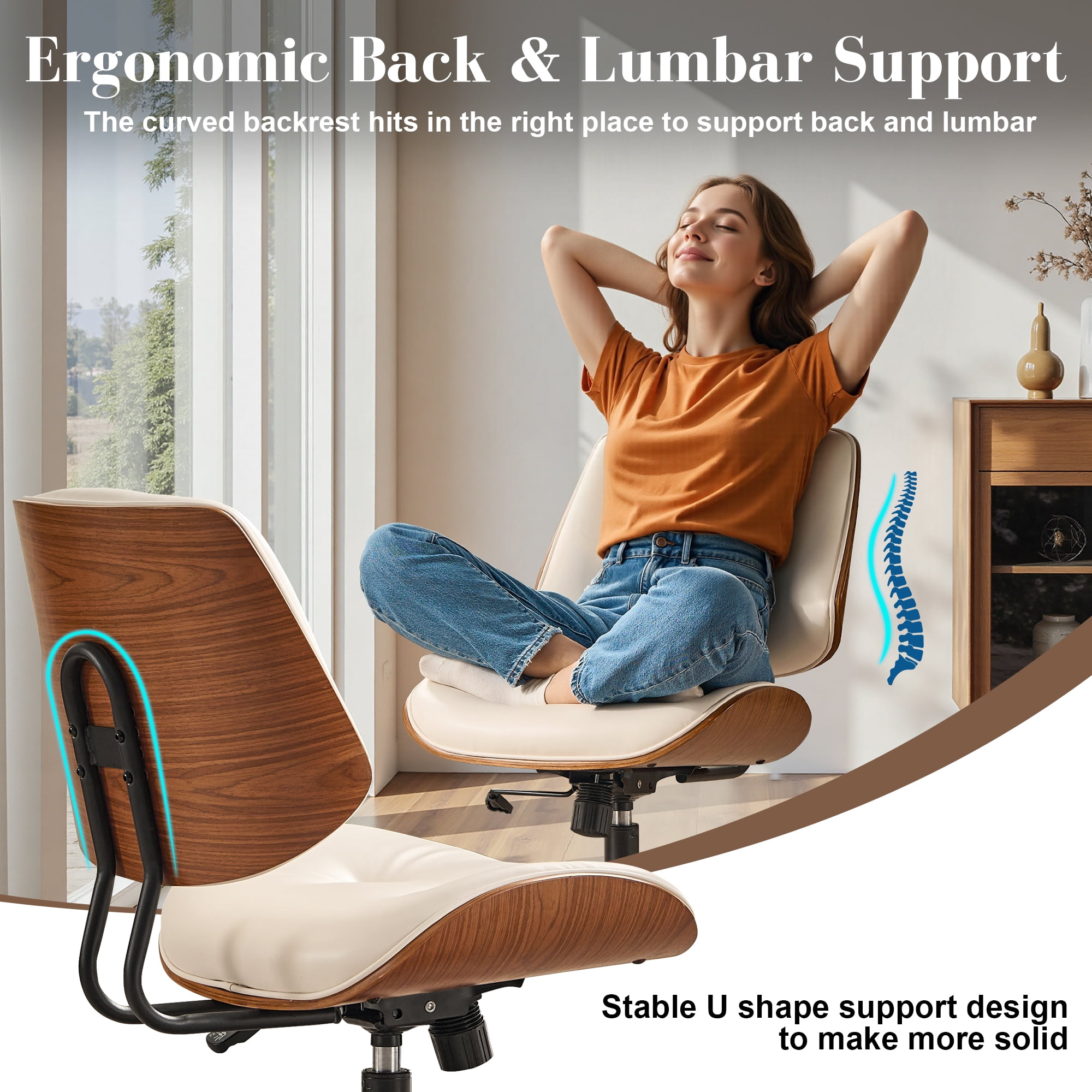 Toject Office Chair, Task Chair with Wooden Back, Mid-Century Modern Computer Chair, Armless Desk Chair for Home Office, Black