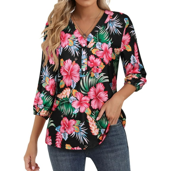Nlife Women Floral Blouse for Women Hawaiian 3/4 Sleeve Top Tropical V-Neck Casual Shirt with Button Details