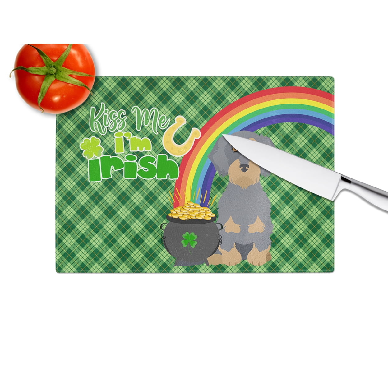 Wirehair Blue and Tan Dachshund St. Patrick's Day Glass Cutting Board Large 12 in x 15 in