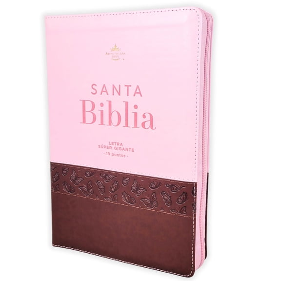 Biblia para Mujer con Cierre Letra Super Gigante 19 puntos Mediana RV1960 imit piel duotono rosa y cafe mariposas con indice