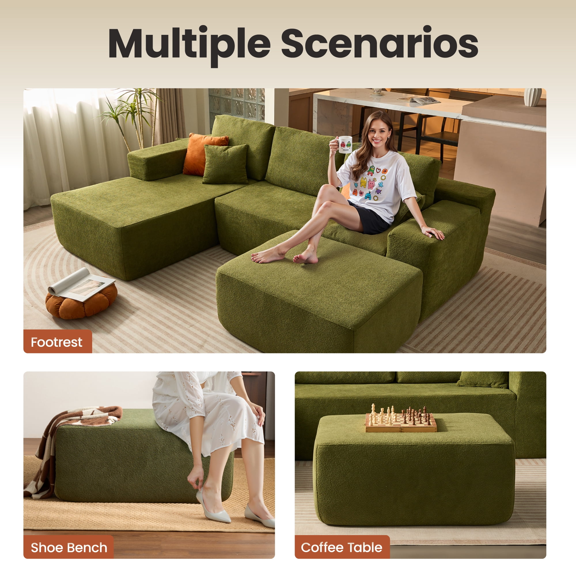 Ovios Oversized Ottoman Footrest for Sofa Large Sherpa Pouf Ottoman Coffee Table Rectangle Floor Bench Extra Seating for Living Room, No Assembly, Green