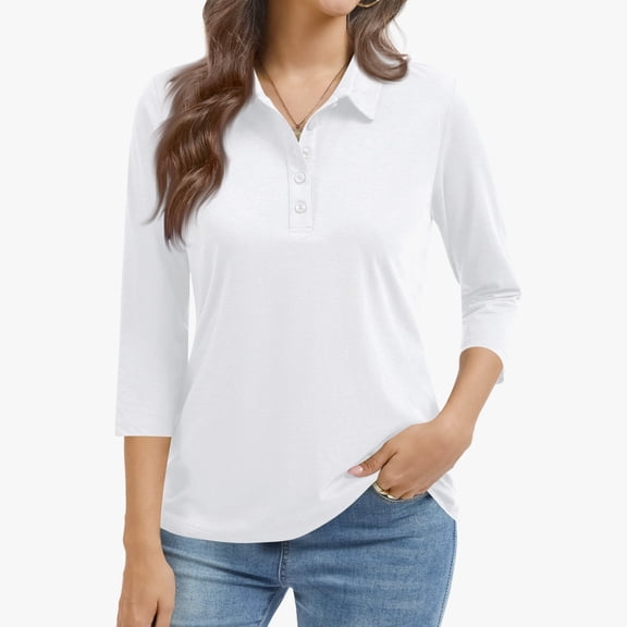 Bbyeadc Polo T Shirts for Women 3/4 Length Sleeve Slim Top Lightweight Collared Top Athletic Spring T-Shirt,White (XXXL)