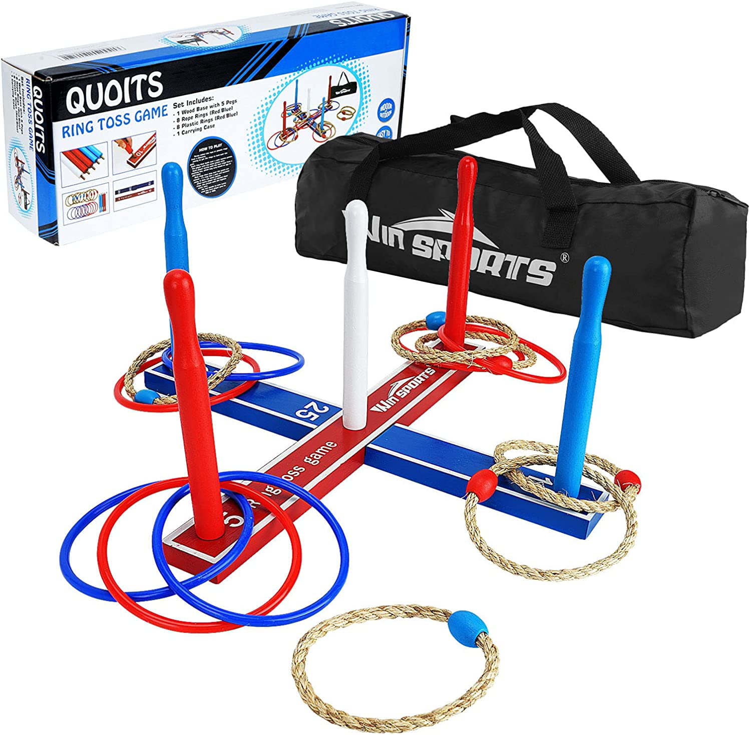 10 Plastic Rings & Carrying Bag Loop Hoop Ring Toss Game Set with 5 Rope Rings 