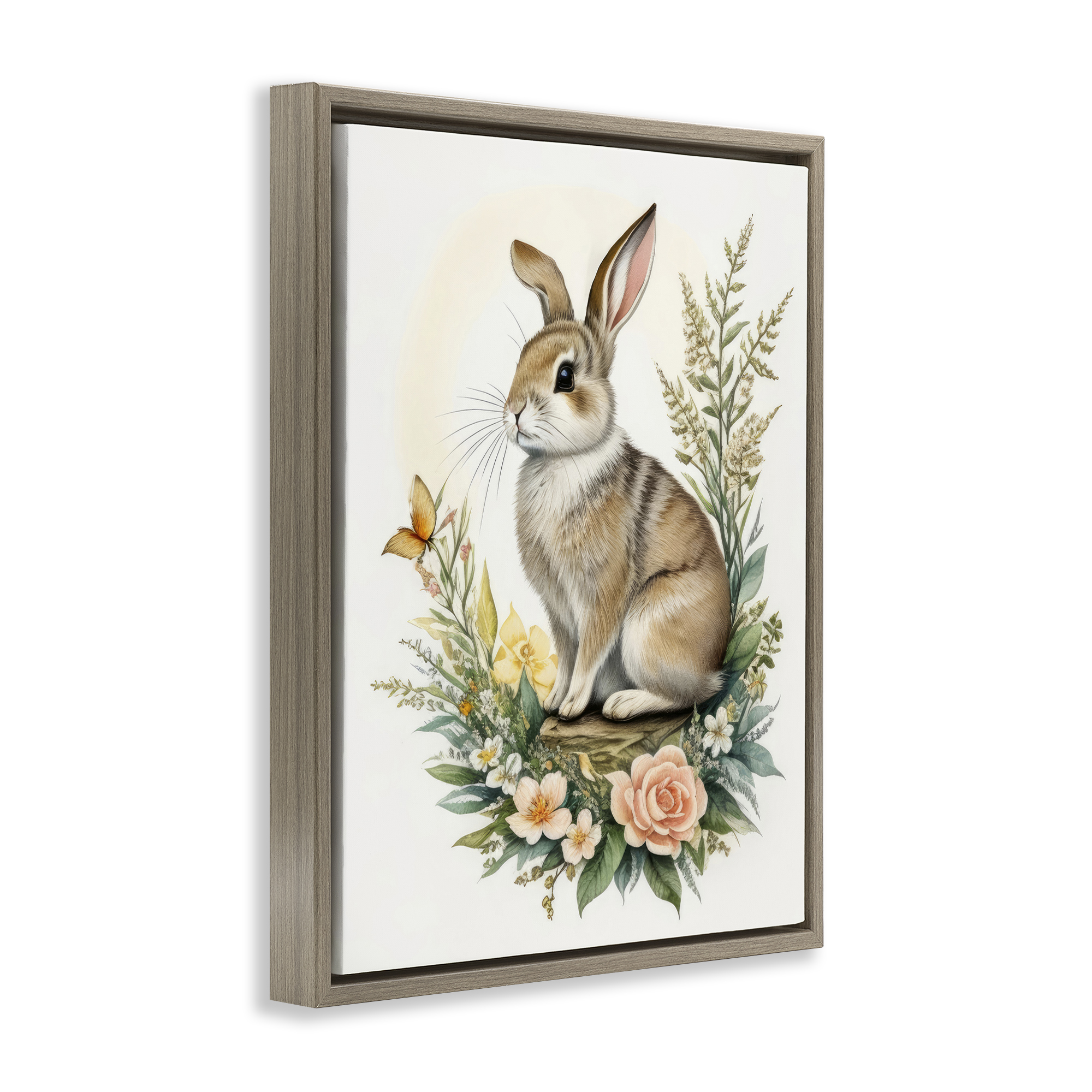 Stupell Industries Rabbit Among Flowers Animals & Insects Painting Brown Floater Framed Canvas Art Print Wall Art, 17 x 21