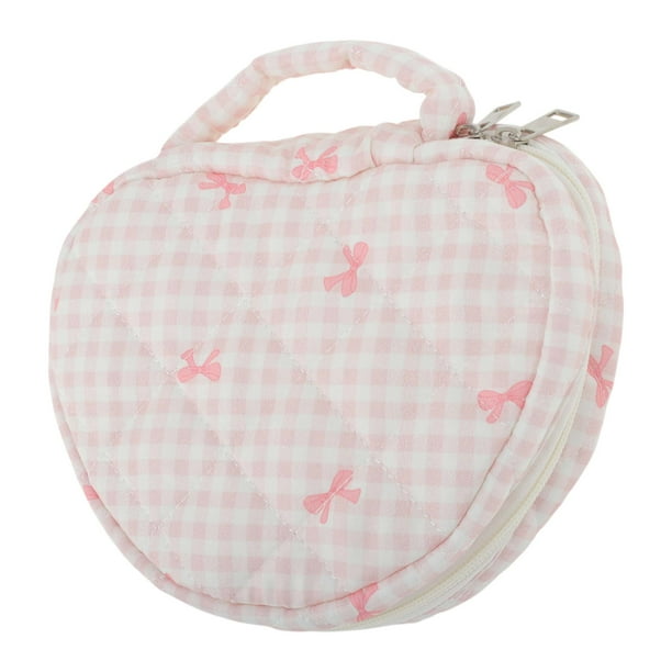 Bolsa de maquillaje en forma de corazón con patrón a cuadros para viajar, color rosa, poliéster