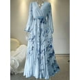 thumbnail image 6 of Women'S V Neck Floral Printed Pleated Dress Long Sleeve Flowy A Line Party Maxi Cocktail Dresses Light Blue XXL, 6 of 7