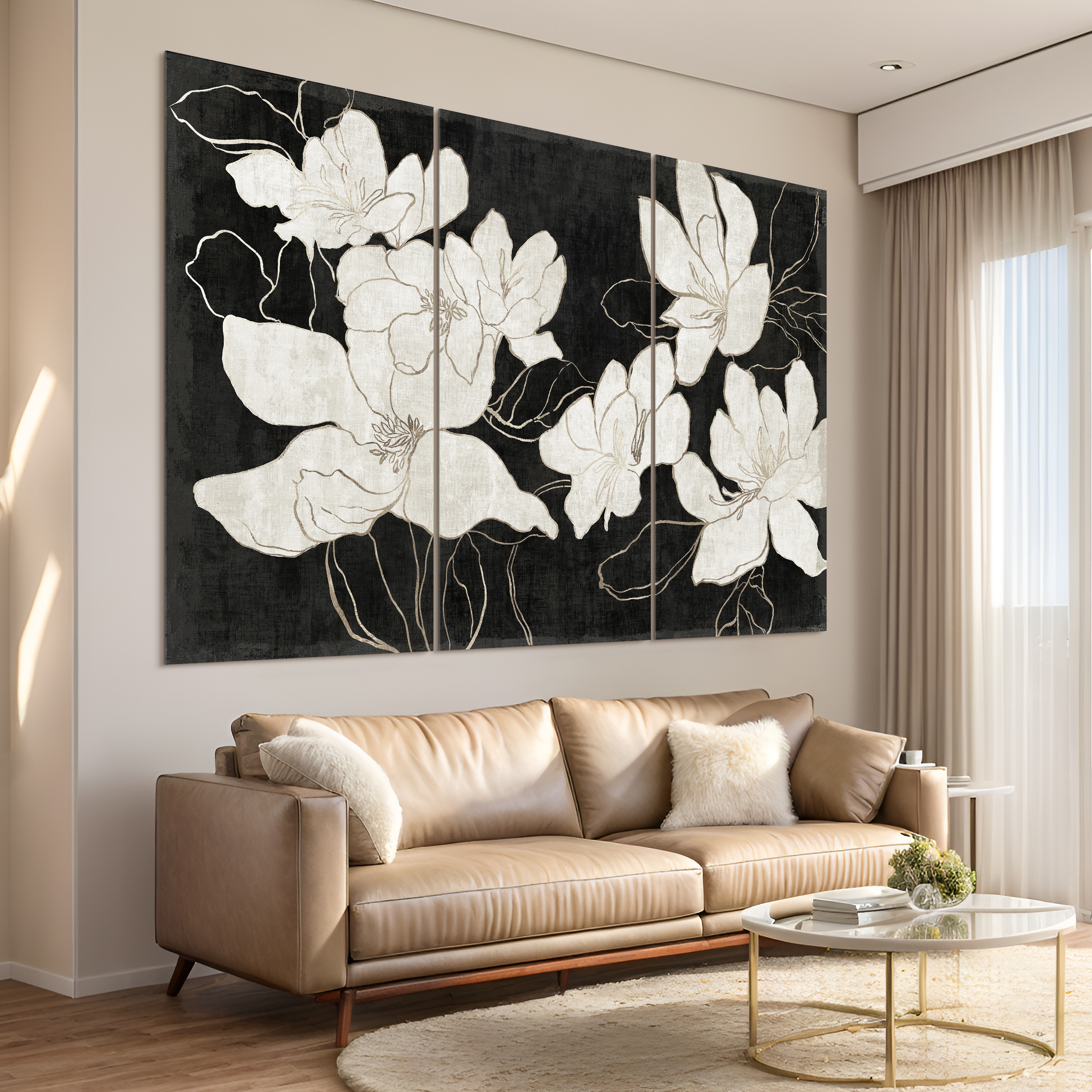 "Floral Elegance Trio" White Flower Frameless Free Floating Reverse Printed Tempered Glass Wall Art