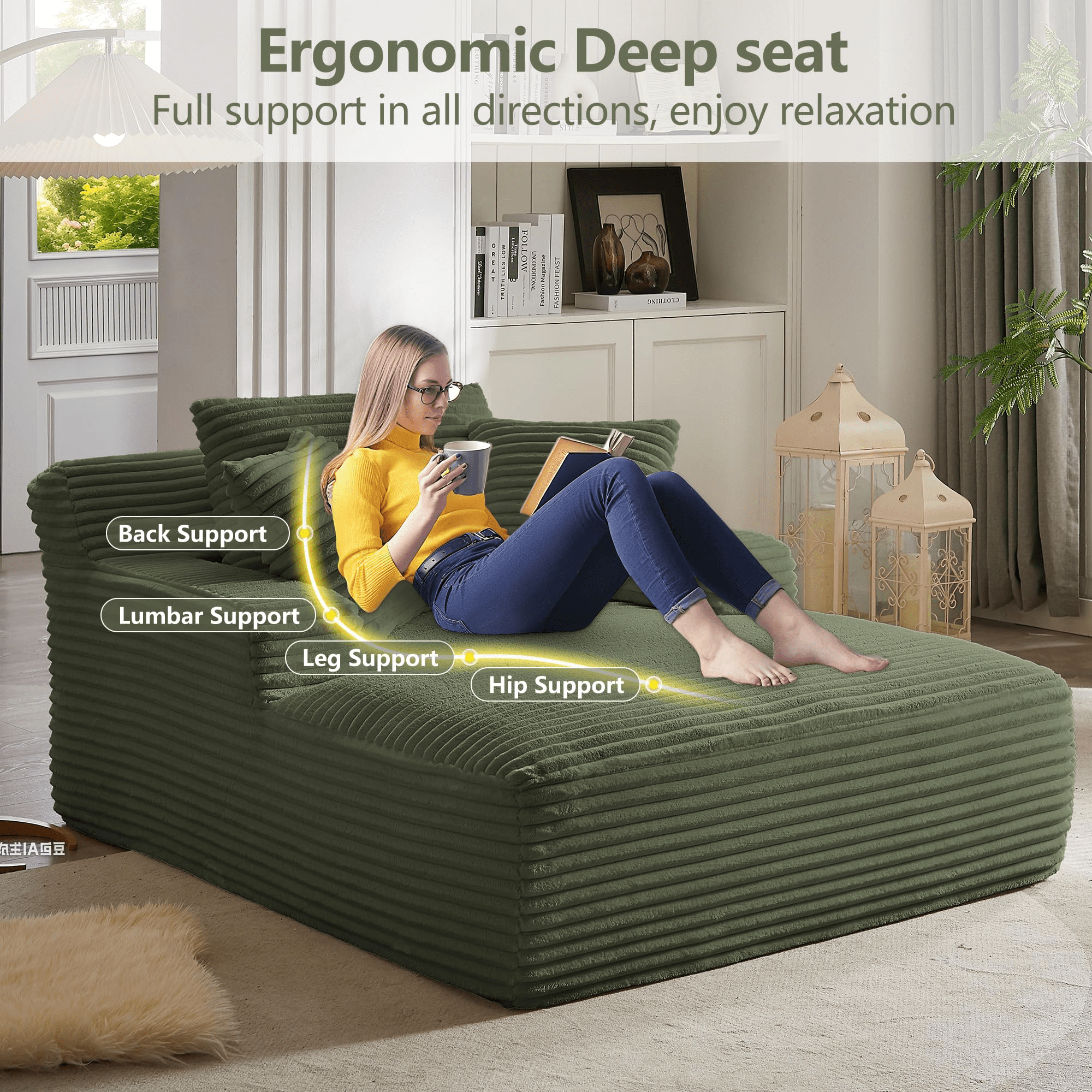 GNIXUU 50" Oversized Chaise Lounge Sofa Chair Indoor, Modern Corduroy Sleeper Sofa Cloud Couch with 3 Soft Pillows, Comfy Single Seat Floor Sofa for Living Room, Apartment, Office (Green)