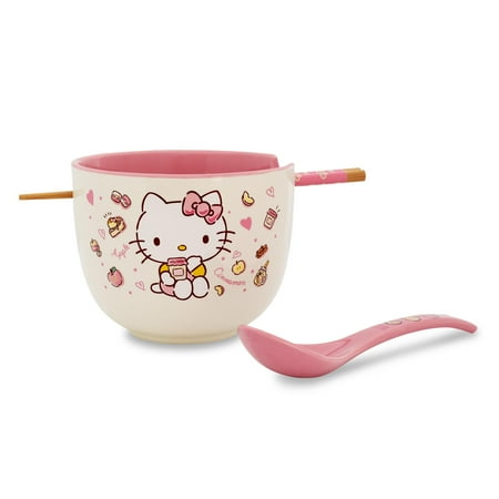 Hello Kitty Pink Apples and Cinnamon Boxed 20oz. Ceramic Ramen Bowl w Chopsticks and Spoon