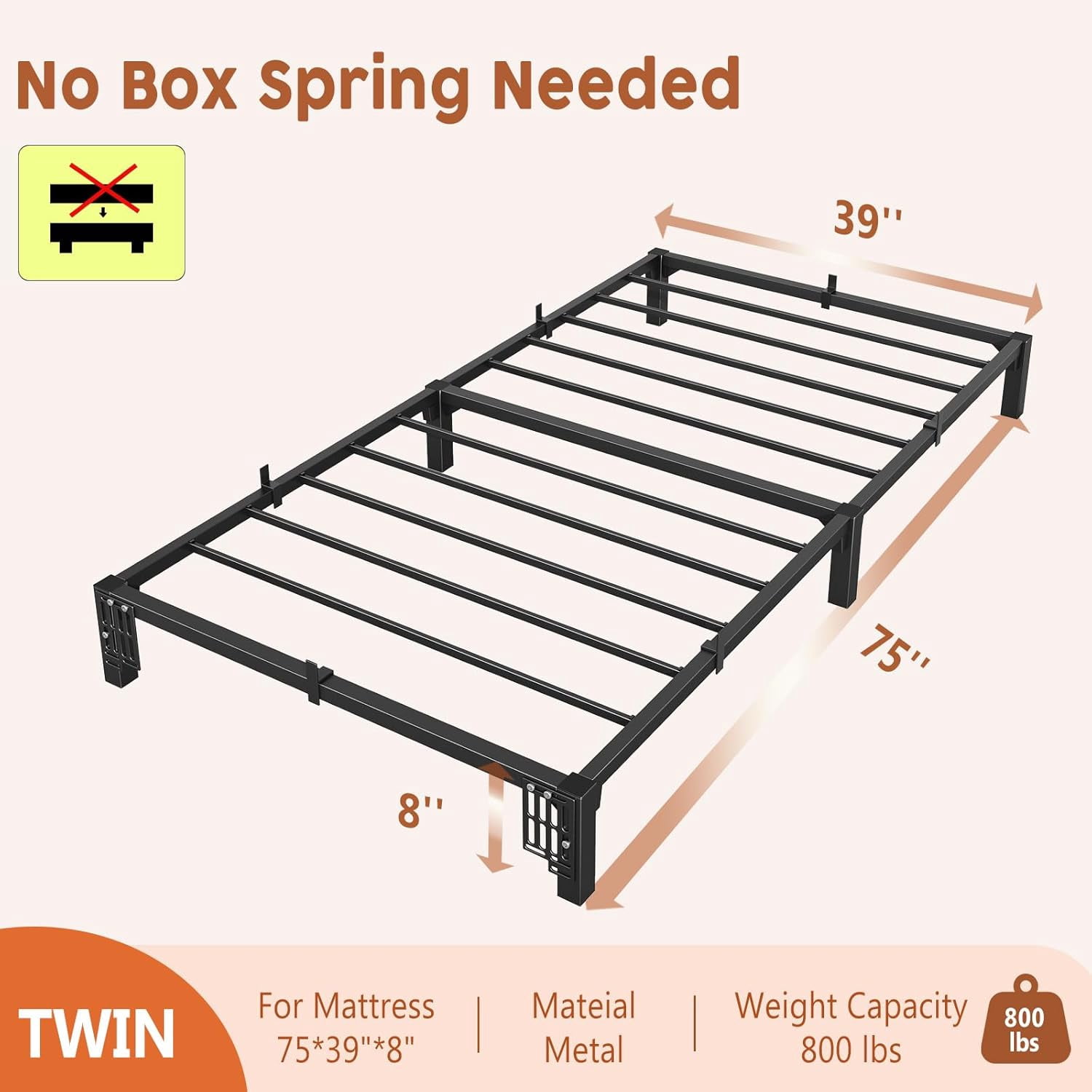 Memoryfield Metal Twin Size Bed Frame, 8" High Platform Bed Frame, Heavy Duty 800Lbs Capacity, No Box Spring, No Screws Needed with Reinforced Slats, Easy Assembly, Black