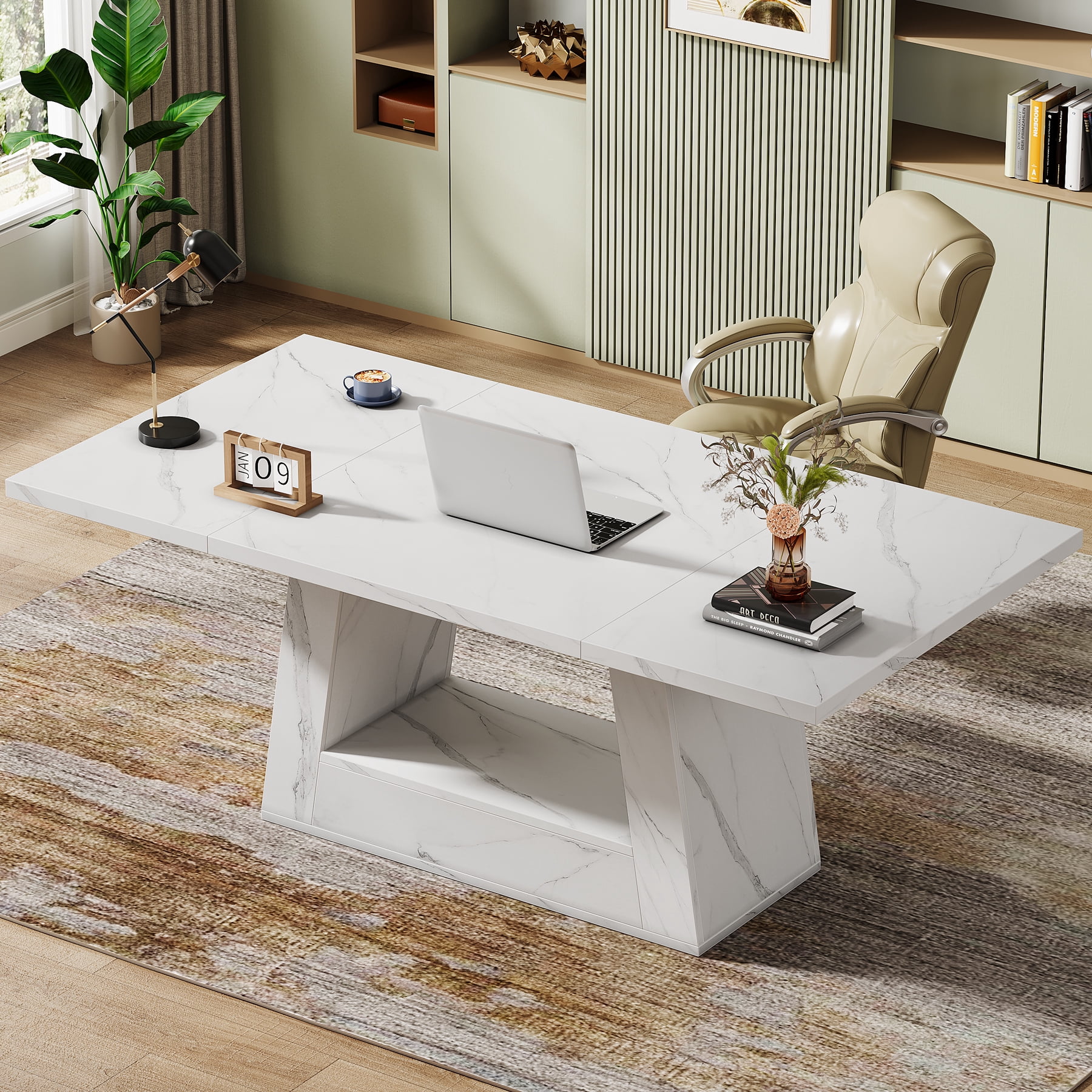 Tribesigns Modern Computer Desk, 63 inch Executive Faux Marble Office Desk with Sturdy Base for Home Office, White