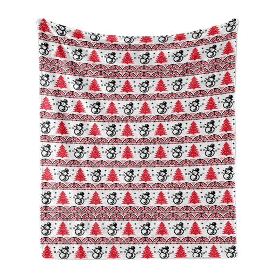 Christmas Soft Flannel Fleece Throw Blanket, Xmas Pixel Pattern Nordic Inspired Borders with Snowman Pines Snowflakes, Cozy Plush for Indoor and Outdoor Use, 50" x 60", Red Black White, by Ambesonne