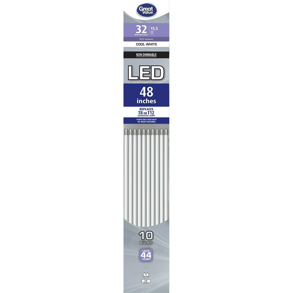 Great Value LED Light Bulb, 17 Watts T8/T12 Replacement Lamp G13 Base, Nondimmable, Cool White
