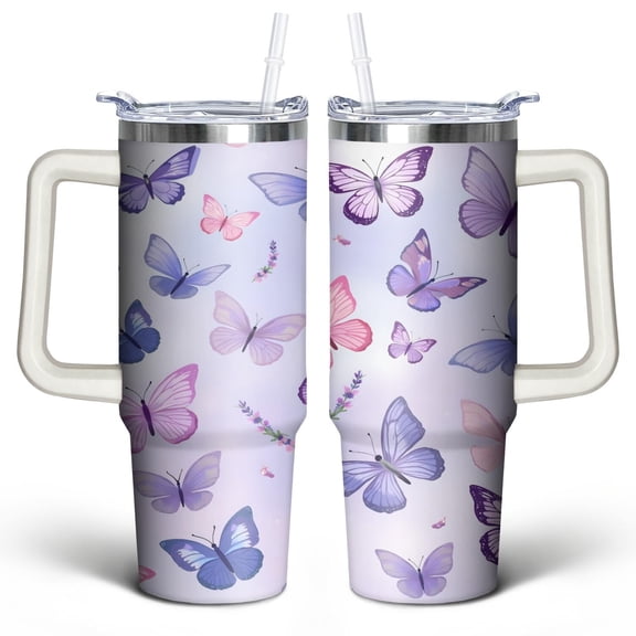 Watercolor Butterfly Gradient 30 Oz Tumbler with Handle Lid and Straw, Stainless Steel Double Walled Vacuum Insulated Cup, Cute Birthday Gifts Tumbler for Women Men Friends