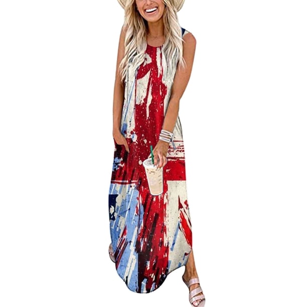 WILLBEST Vestidos de Verano 2025, Vestido Largo Informal Suelto para Mujer, sin Mangas, con Abertura, Vestido Maxi de Verano para Playa con Bolsillos Grande