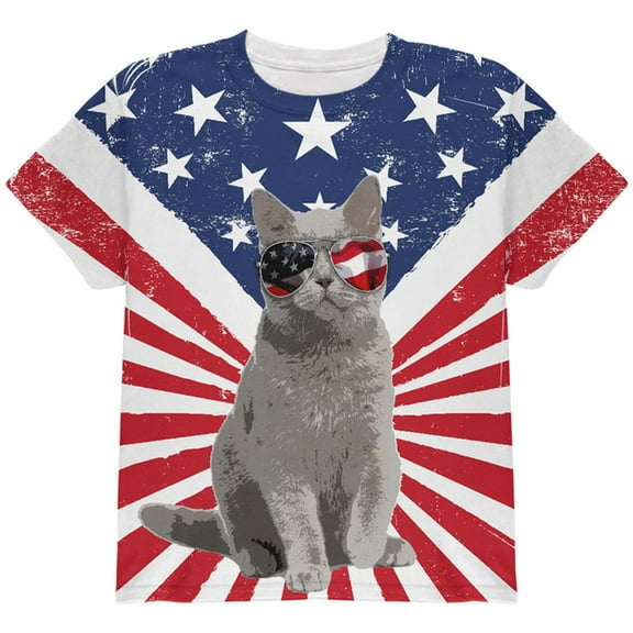 4th Of July Meowica America Patriot Cat All Over Youth T Shirt Multi YSM