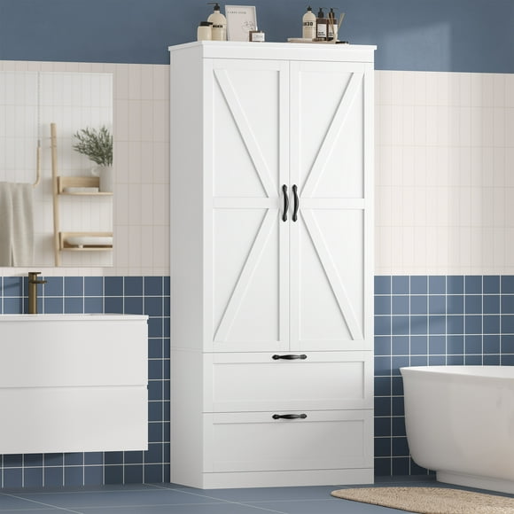 Homfa 70.3"H Bathroom Storage Cabinet, Farmhouse Linen Storage Cabinet with 2 Drawers, White