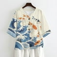 thumbnail image 4 of Xoenoiee Koi Fish Sea Waves Print Linen Shirts for Women Summer 3/4 Sleeve Button Down Blouse Lightweight Gauze Loose Casual Fashion Shirt Clothes, L, 4 of 7