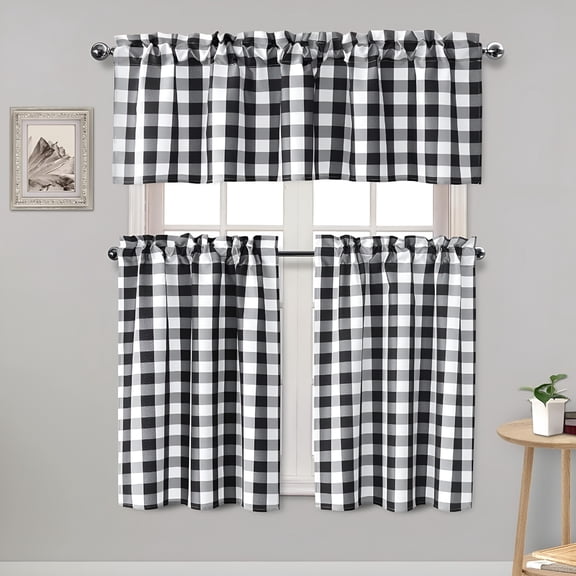 AUQ 3 Piece Semi Sheer Kitchen Curtains -Black and White Curtains Light Filtering Buffalo Plaid Tier and Valance Window Curtains Set,Black and White