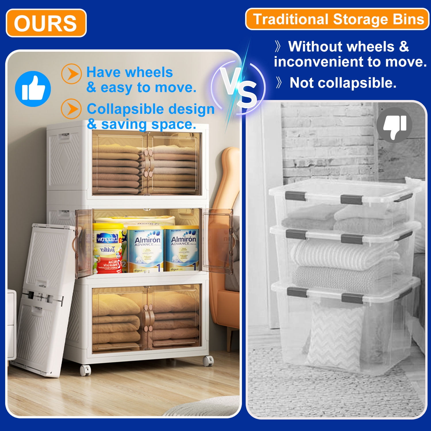 Storage Bins with Lids- 5 Tier Folding Storage box with Doors and Wheels, Collapsible Plastic Storage Bins for Closets, Stackable Storage Organizer, Storage Containers for Closet, White