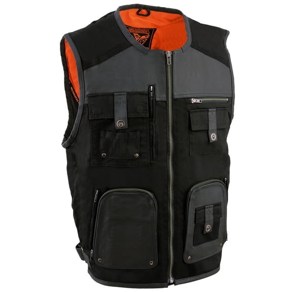 Milwaukee Leather MPM3310 Men's 'Super Utility' Black Leather and Canvas Multi-Pocket Vest Small