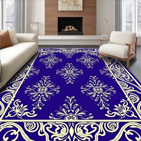 ODIKA 5'x7' Machine Washable Non-Slip Area Rug, Baroque Lattice Scrollwork Interlocking Ornamental Vine Arrangement High Traffic Rug, Blue, 540066