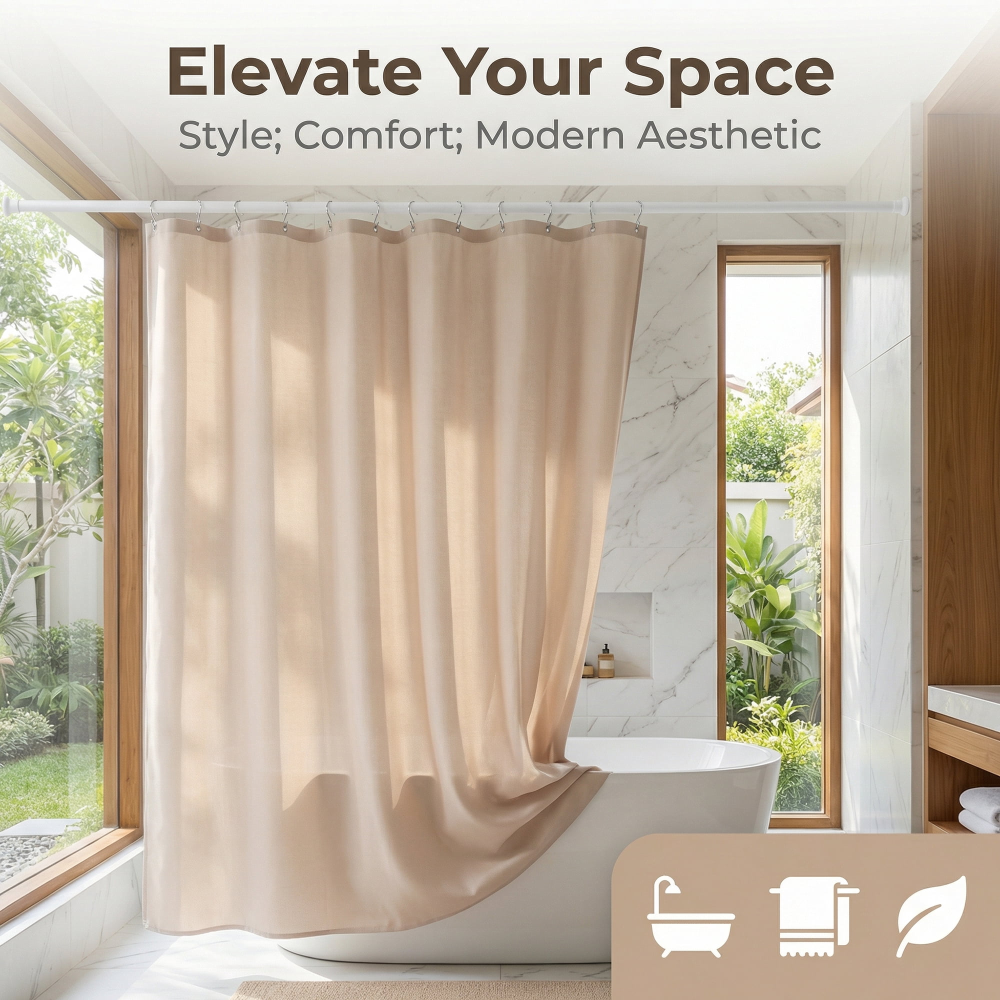 Unique Bargains Faux Linen Solid Bath Curtain Sets with Hooks Beige 71"W x 71"L