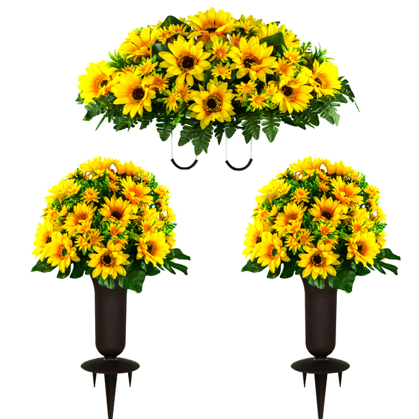 Sympathy Silks Artificial Cemetery Flowers 2 Sunflower Bouquets with