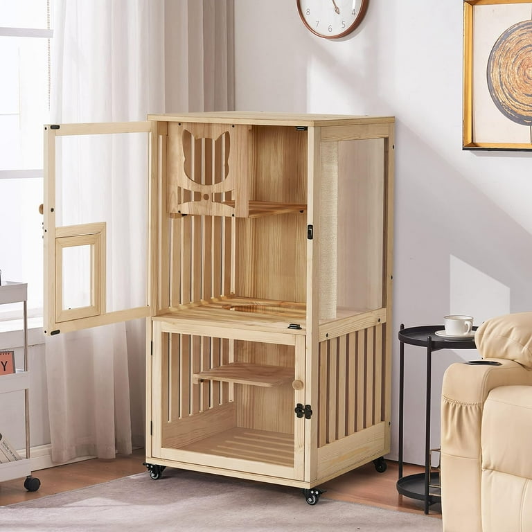 Luxury Wooden Cat House with Scratching Post Wood Cat Enclosures Indoor with Wheels Multi Feature Cat Cage Villa with Escape Door Enclosed Cat Condo for Cats Kittens CT15 Walmart