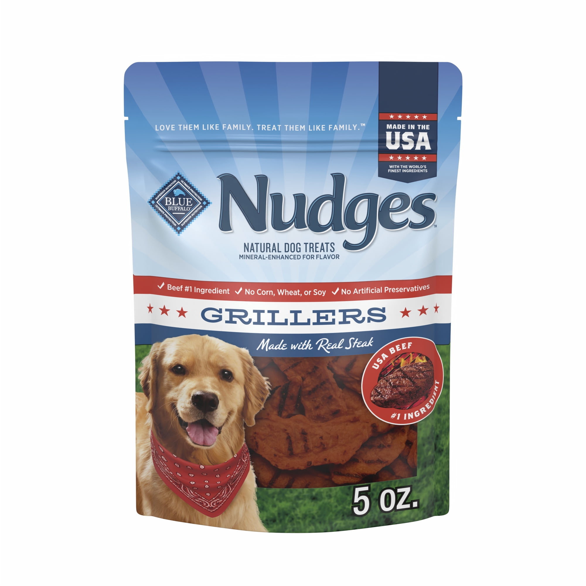 Blue Buffalo Red, White & Blue Nudges Grillers Made with Real Steak Dog Treats, 5oz Bag