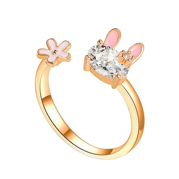 XZNGL Diamond Ring Ladies Fashion Ring Diamond Bunny And Flowers Ring Open Creative Ring