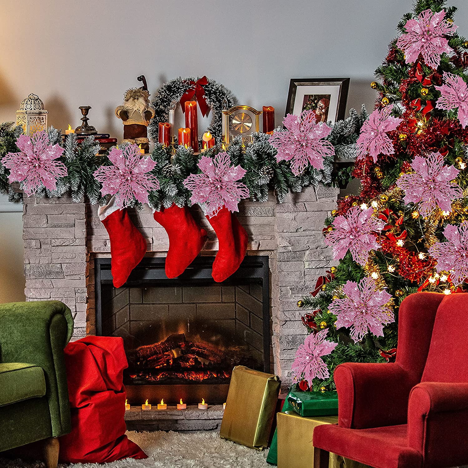 Deco Sapin Rose FurRain Lot De 12 Fleurs Poinsettia Artificielles à Paillettes Pour Décoration De Noël, De Fête De Mariage - 14 Cm (or Rose Rose De Noel Artificiel