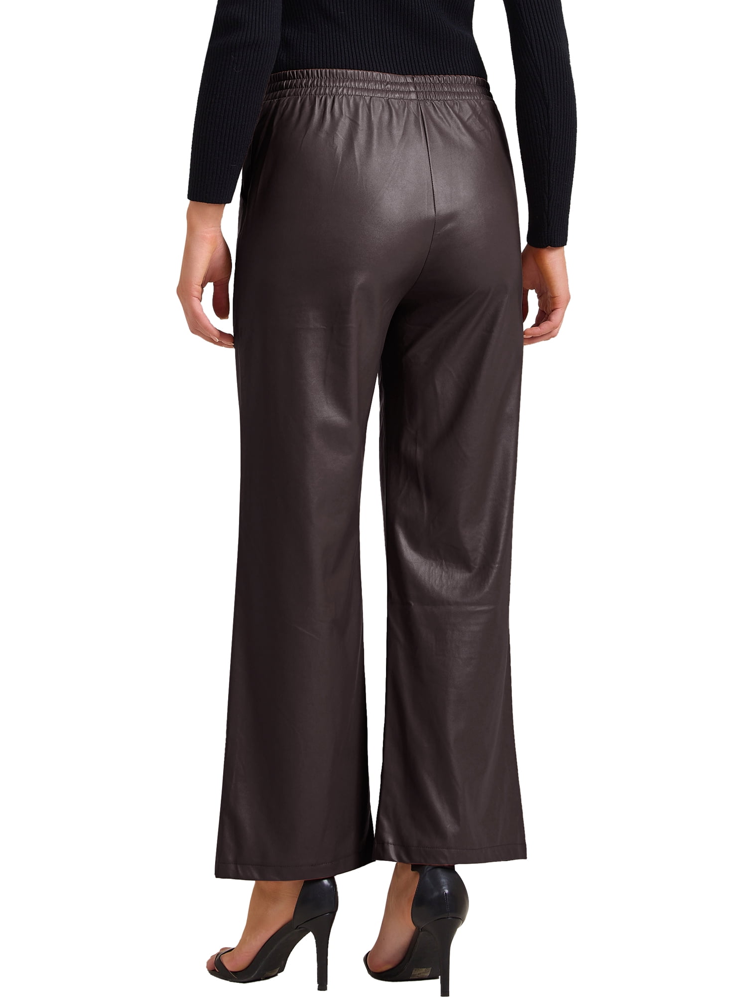 INSPIRE CHIC Women's Faux Leather Pants High Waist Straight Leg Pant Trousers with Pockets Party Outfit L Coffee